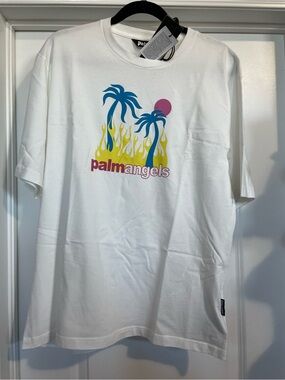 NWT Palm Angels Burning Oasi Tropical Flame Logo T-Shirt White - Size Large